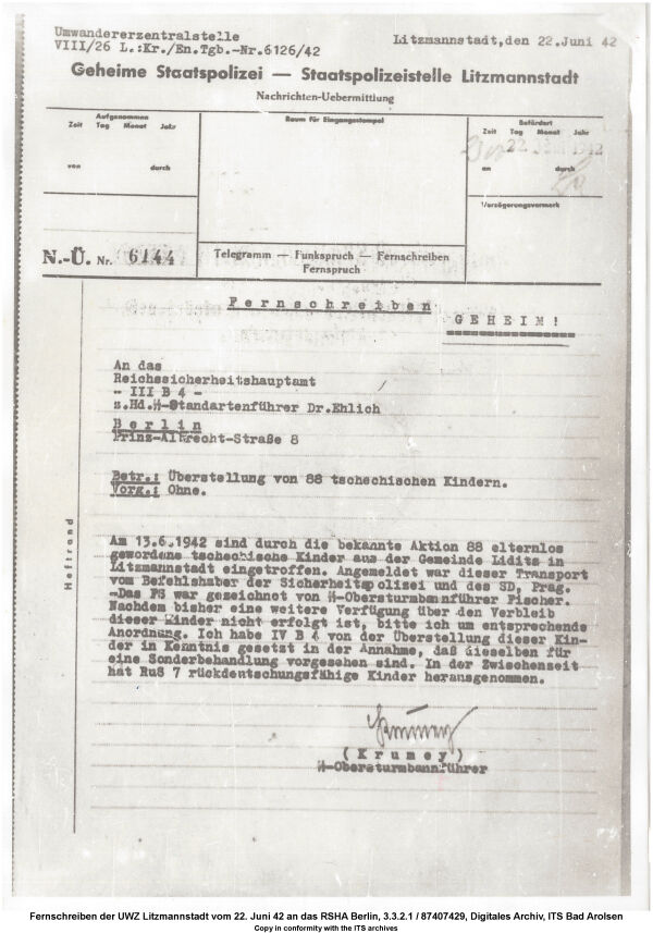 Telegramm der Gestapo vom 22. Juni 1942