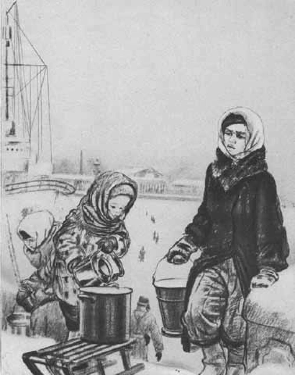Zeichnung von A. Pachomow, »Na Newu, za wodoj« ( »Zur Newa, Wasser holen«), 1942, aus der Serie »Leningrad in den Blockadetagen«