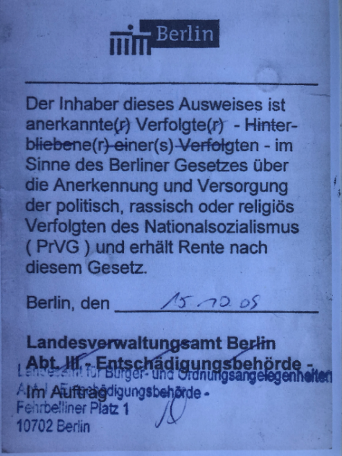 Zweiter Teil von Ilses Verfolgtenausweis. Darauf ist auch vermerkt, dass sie eine Rente erhält.