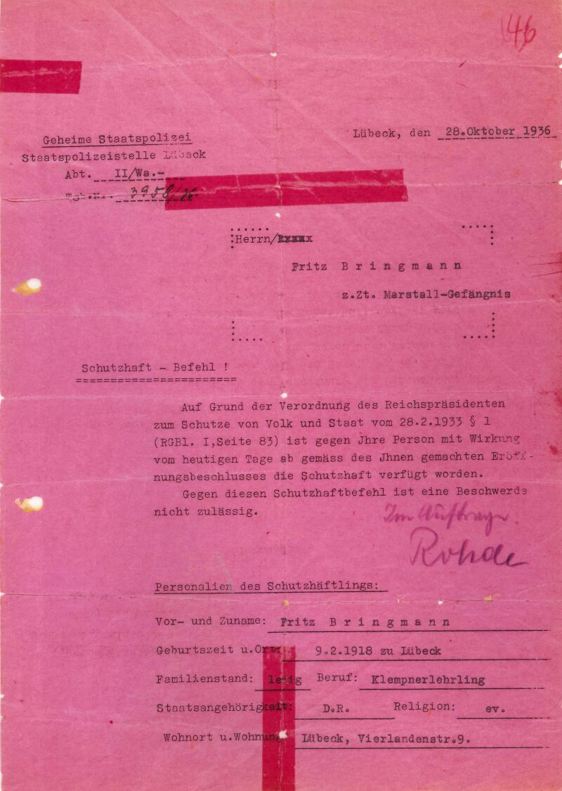 Fritz‘ »Schutzhaftbefehl« vom 28. Oktober 1936