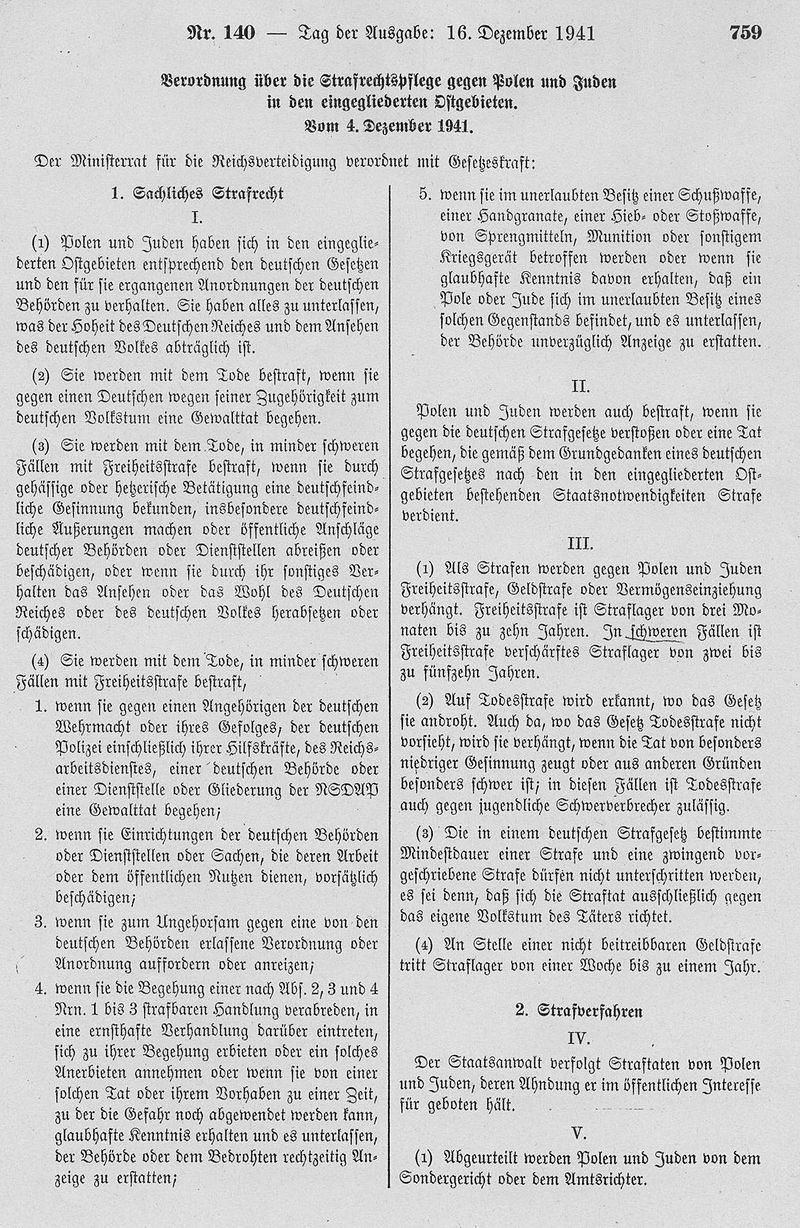 Auszug aus der Polenstrafrechtsverordnung vom 4. Dezember 1941