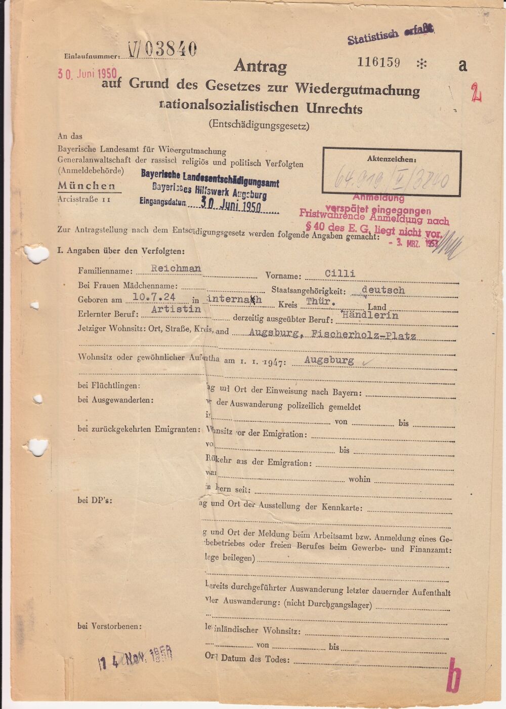 Zillis Wiedergutmachungsantrag, 1950