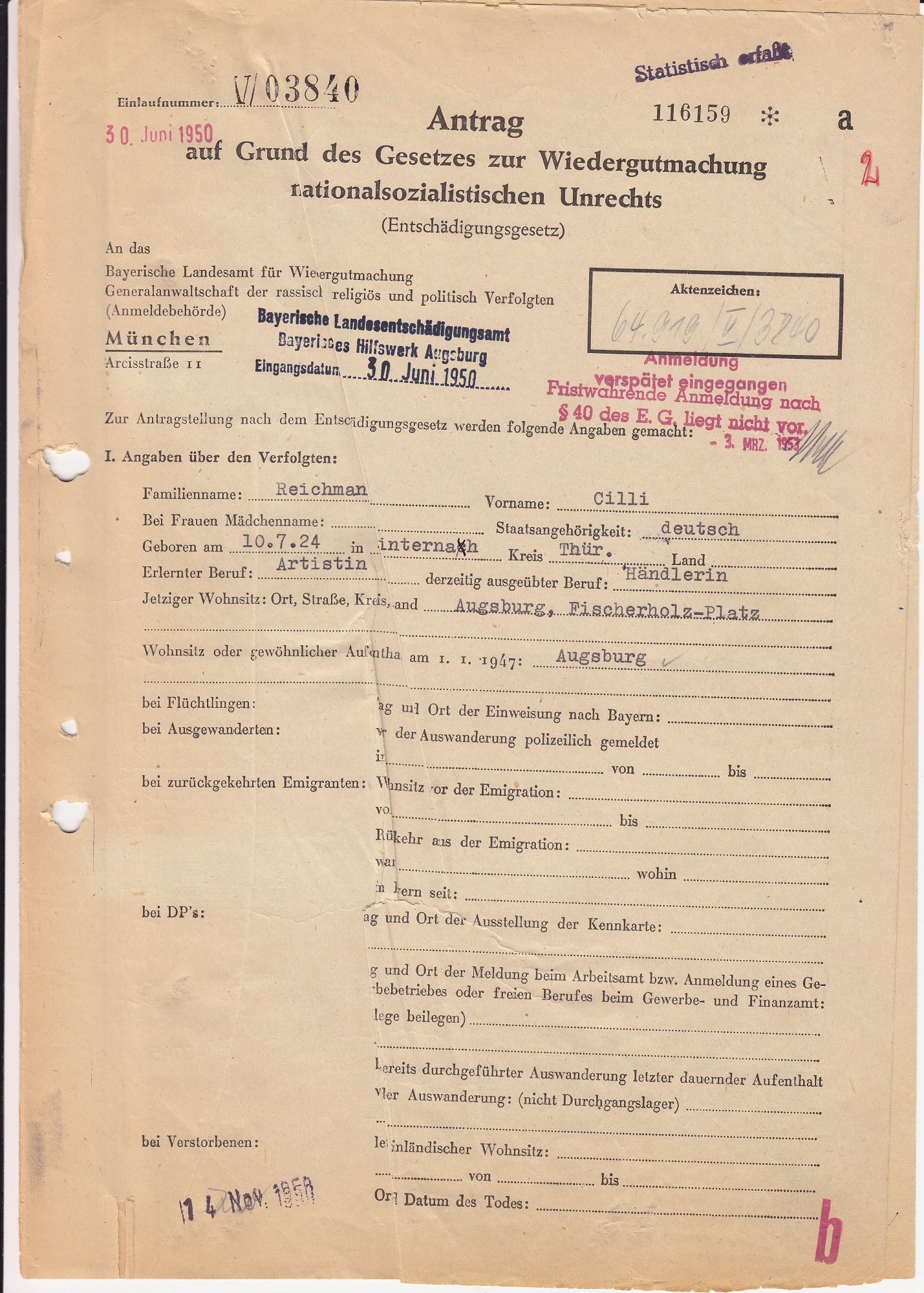 Zillis Wiedergutmachungsantrag, 1950 Zillis Wiedergutmachungsantrag, 1950