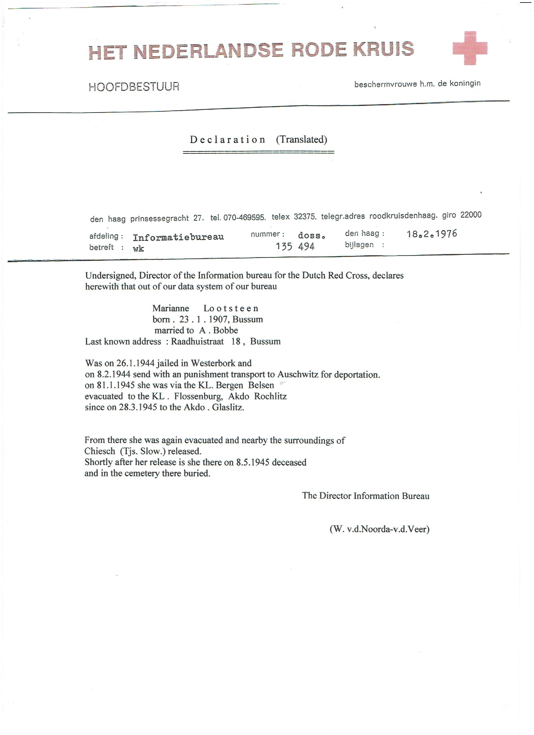 Brief des Roten Kreuzes, dem zufolge Shlomos Mutter im tschechischen Chiesch (Chyše) begraben ist.