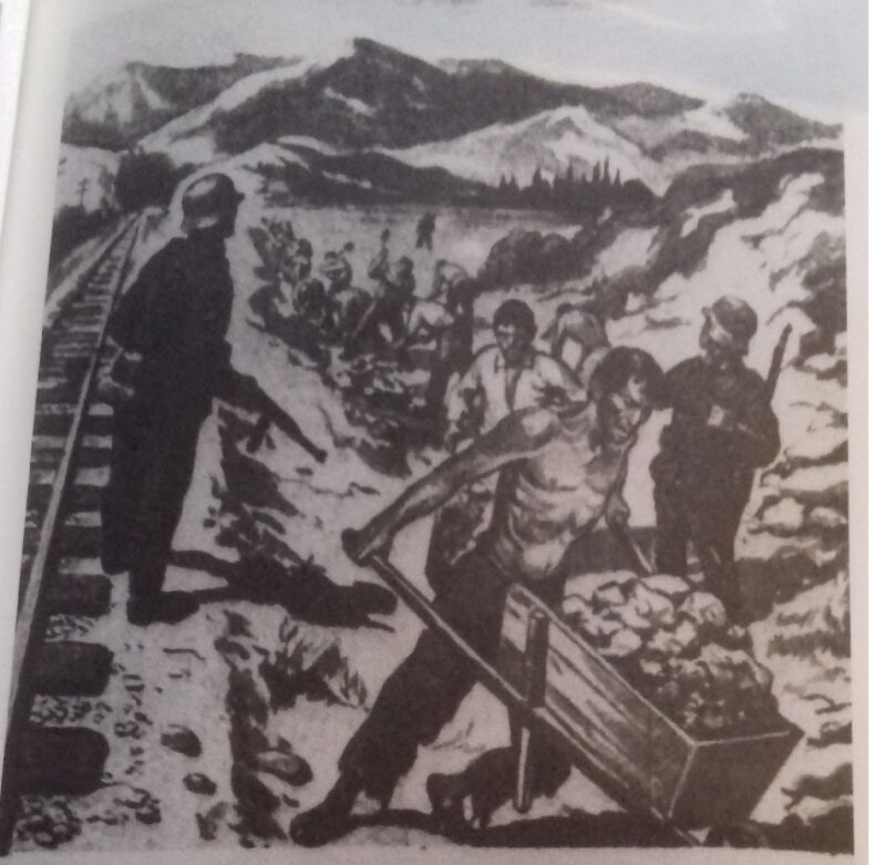 Jüdische Zwangsarbeiter beim Bau einer Eisenbahnlinie