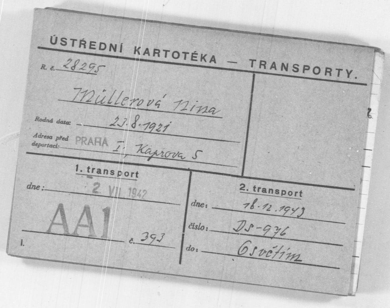 Transportkarte aus der Kartei Theresienstadt