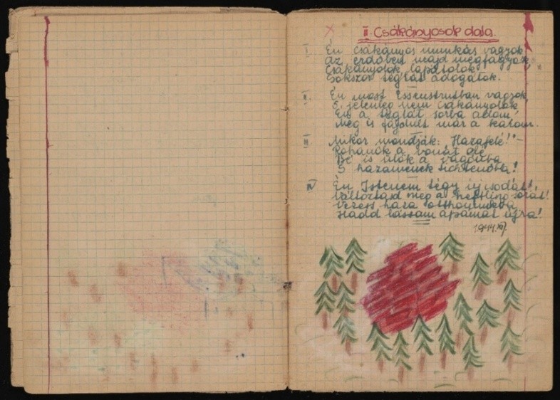 Diese Aufzeichnungen stammen von der Ungarin Marianne Szanto (1932–2006), die wie Hédi zunächst nach Auschwitz-Birkenau und später von dort aus in das KZ-Außenlager Hessisch-Lichtenau deportiert wurde.