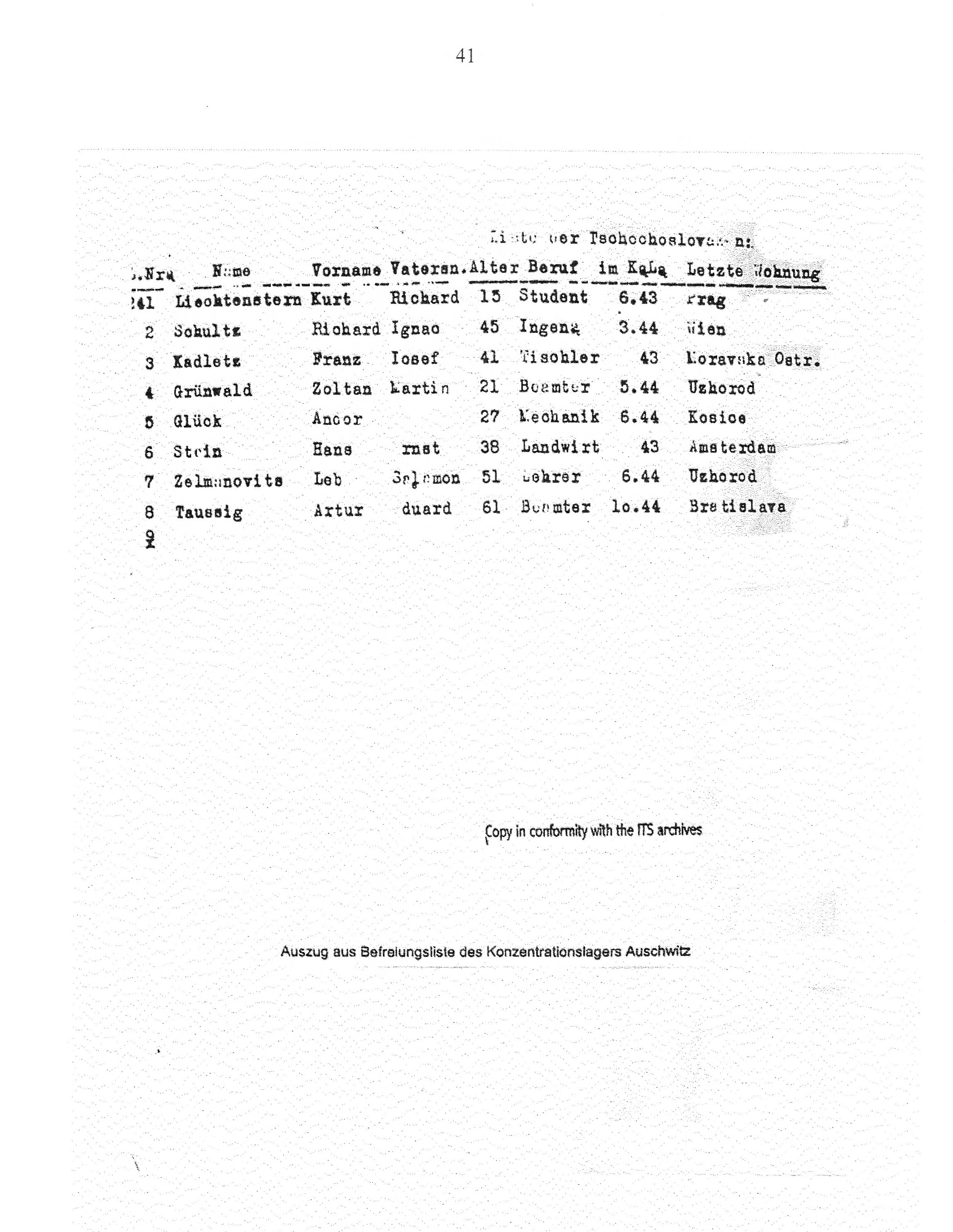 Auschwitz, 1945: Auszug aus der Liste der befreiten tschechoslowakischen Bürger (Nr. 8, Artur Taussig). Auschwitz, 1945: Auszug aus der Liste der befreiten tschechoslowakischen Bürger (Nr. 8, Artur Taussig).