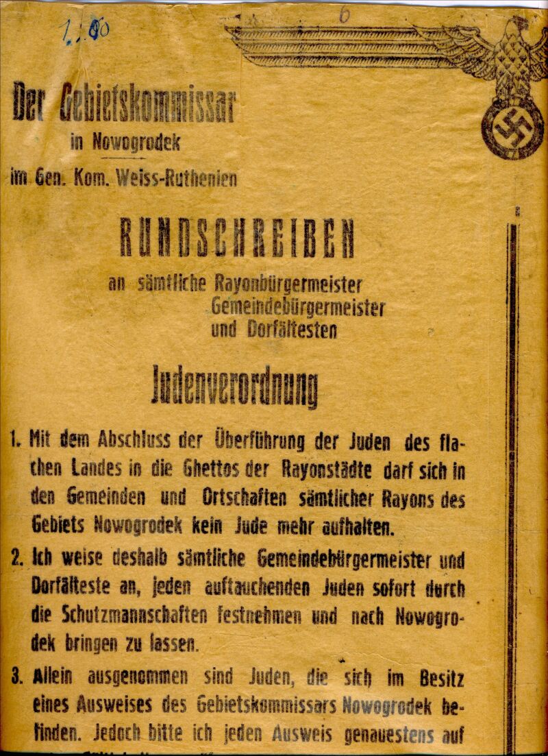 Rundschreiben des deutschen Gebietskommissars in Nowogródek, März 1942
