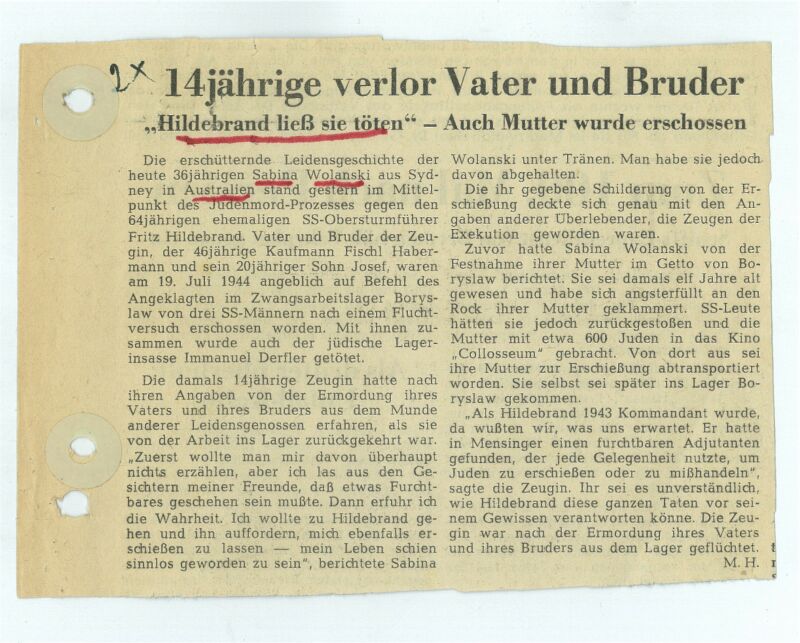Presseartikel zu Sabinas Aussage vor dem Bremer Landgericht am 20. Februar 1967