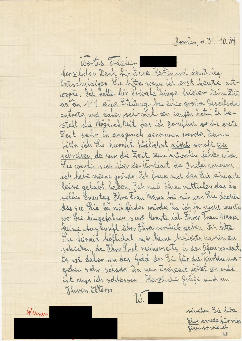Brief von Werner an Dorothea vom 31. Oktober 1939