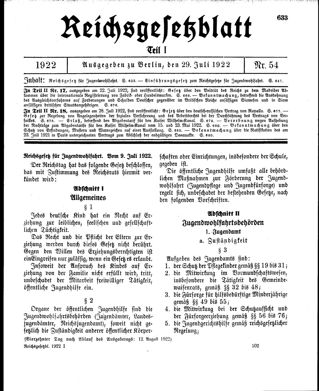 Auszug aus dem Reichsjugendwohlfahrtsgesetz Auszug aus dem Reichsjugendwohlfahrtsgesetz