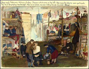 Zeichnung von Arnold Daghani, gemalt Februar 1943 im Lager Michailowka Zeichnung von Arnold Daghani, gemalt Februar 1943 im Lager Michailowka
