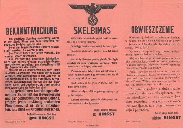 Rotes Plakat mit einer Bekanntmachung, Wilna 1941 Rotes Plakat mit einer Bekanntmachung, Wilna 1941