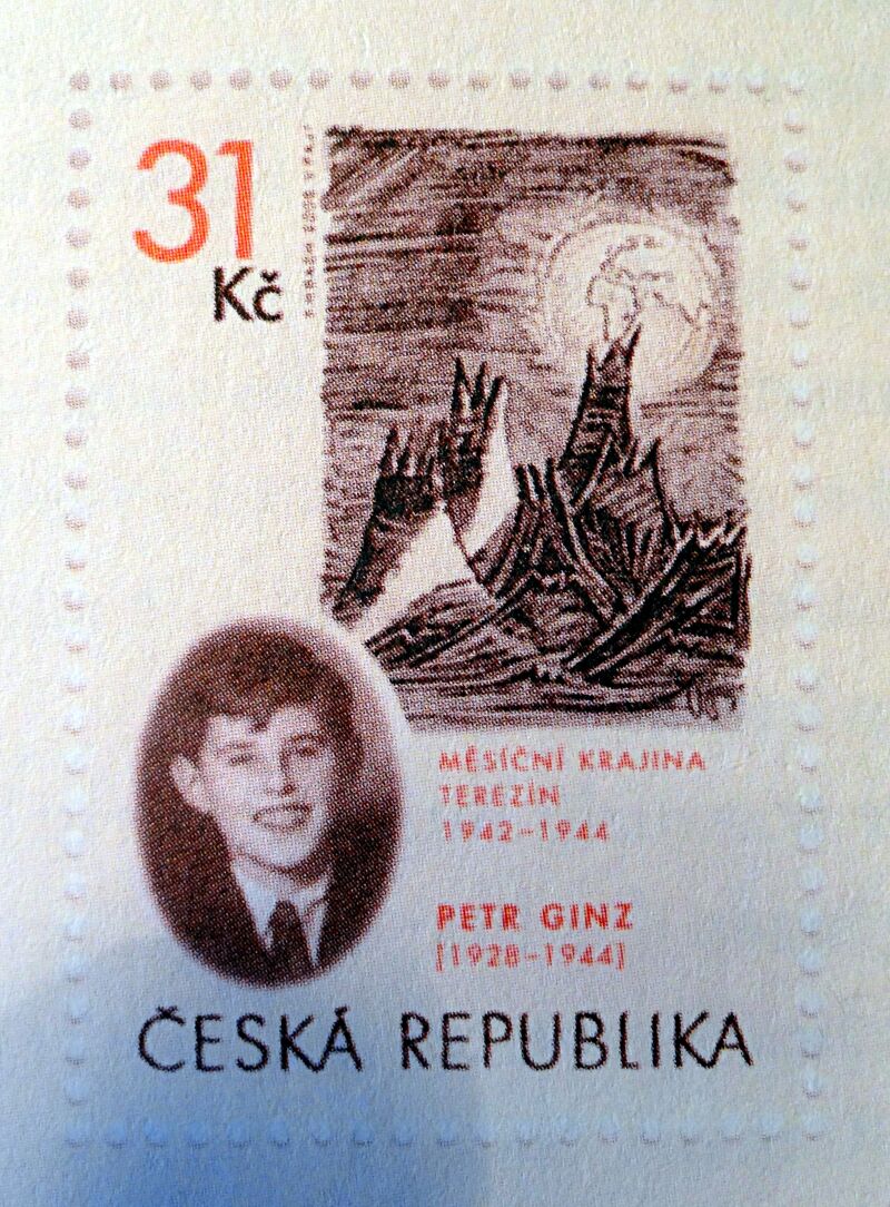 Briefmarke mit Petrs Porträt und einer seiner Zeichnungen