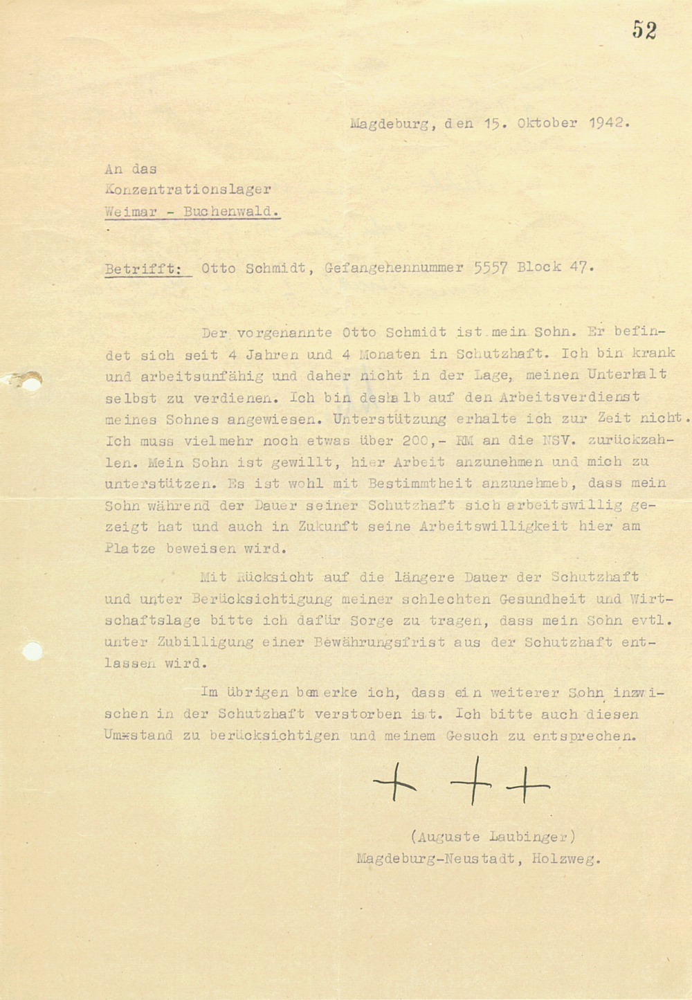 Schreiben von Ottos Mutter an das KZ Buchenwald