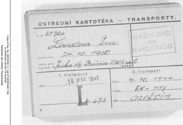 Transportkarte für Eva von Theresienstadt nach Auschwitz