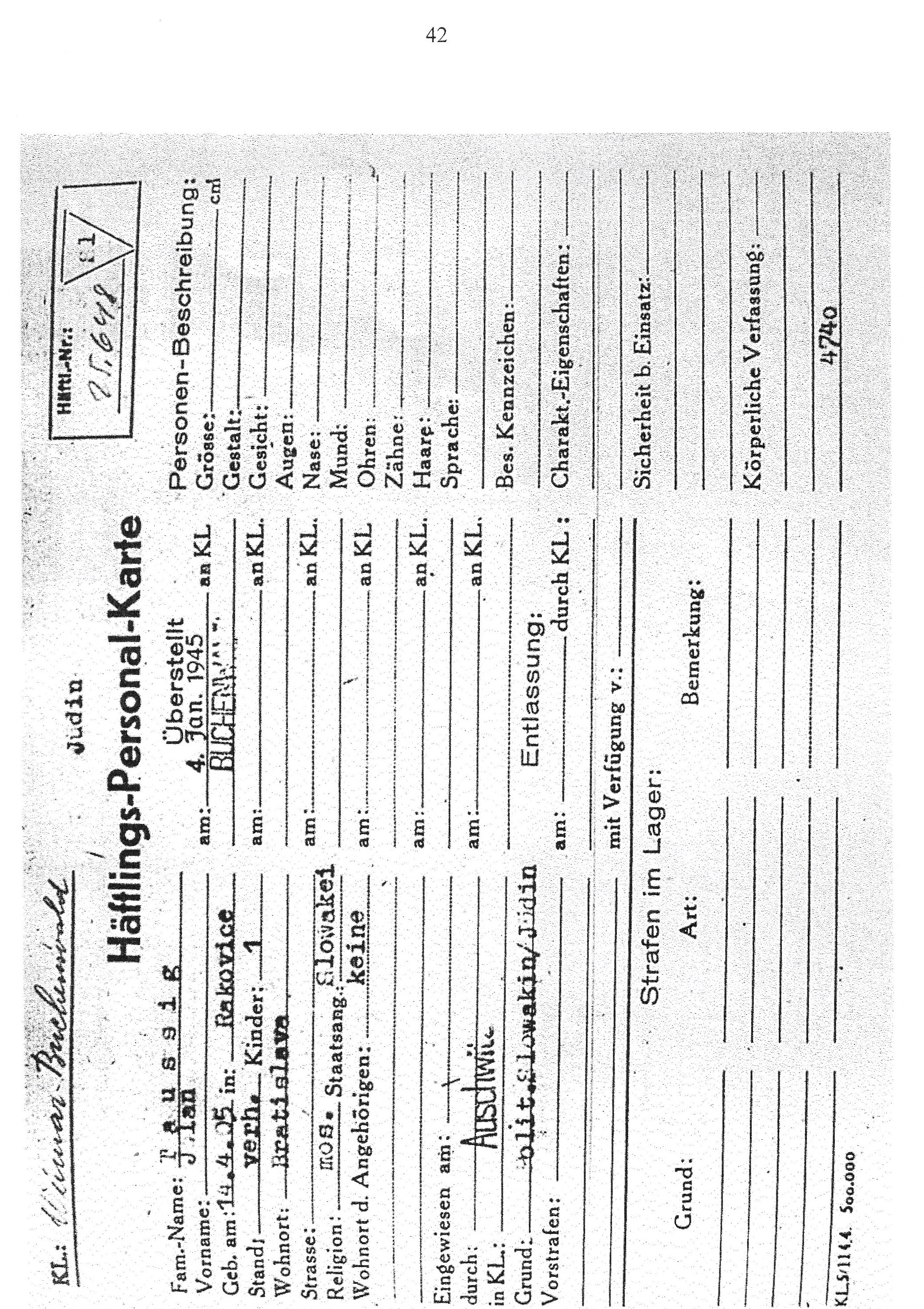 Konzentrationslager Buchenwald, Januar 1945: »Häftlings-Personal-Karte« von Pavel Taussigs Mutter. Konzentrationslager Buchenwald, Januar 1945: »Häftlings-Personal-Karte« von Pavel Taussigs Mutter.