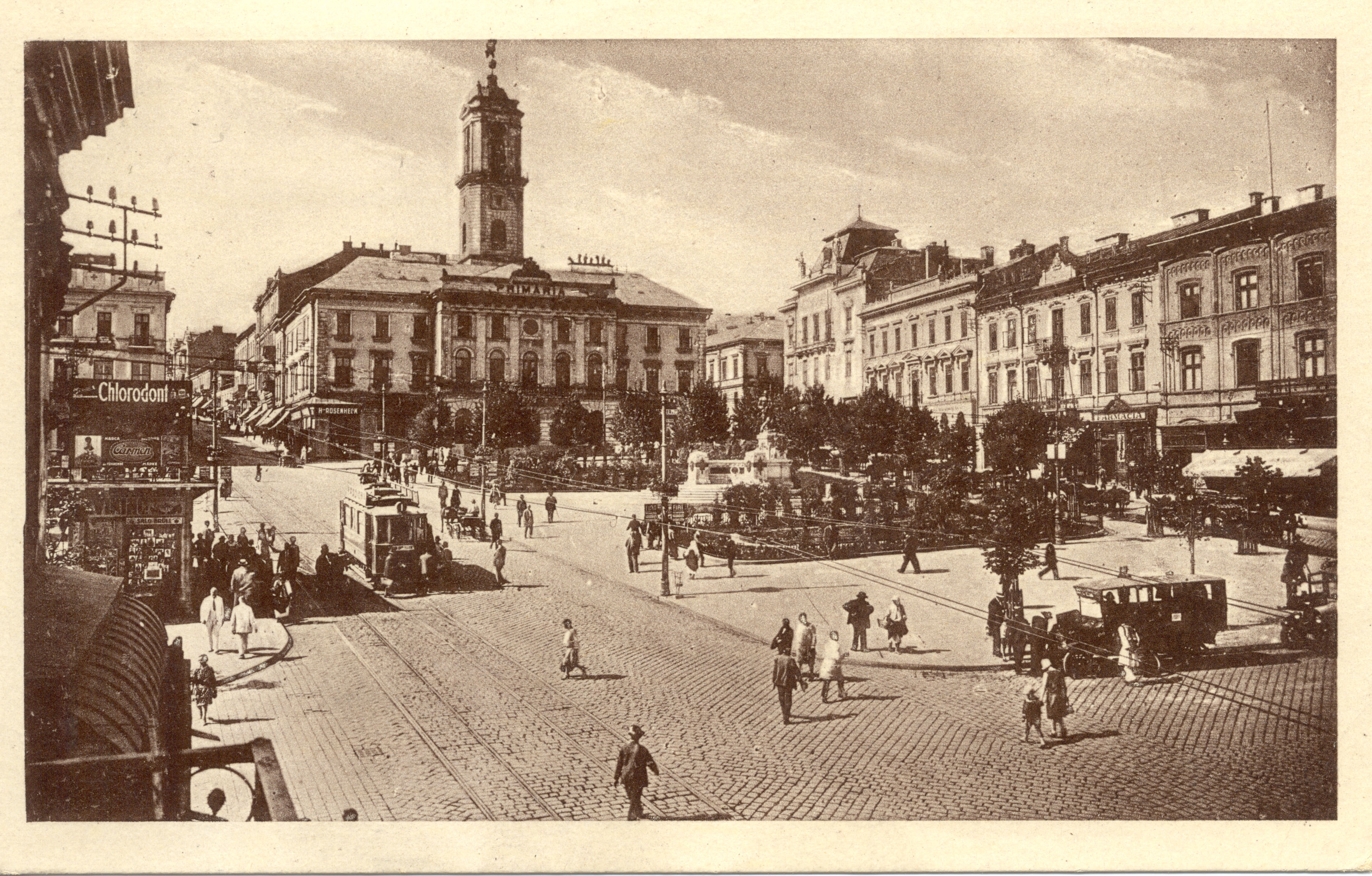 Postkarte von Czernowitz, Ringplatz mit dem Rathaus Postkarte von Czernowitz, Ringplatz mit dem Rathaus