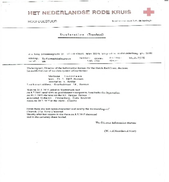 Brief des Roten Kreuzes, dem zufolge Shlomos Mutter im tschechischen Chiesch (Chyše) begraben ist.