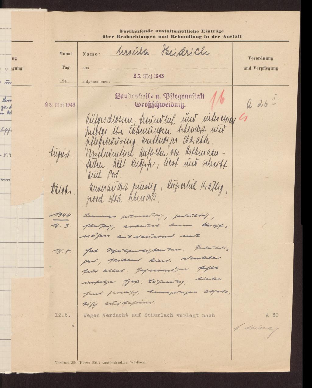 Name: Ursula Heidrich
Aufgenommen: 23. Mai 1943
23. Mai 1943
aufgeschlossen, freundlich und interessiert. Infolge ihrer Lähmungen behindert und pflegebedürftig. Anständiger Charakter
August
Verschiedentlich Auftreten von Asthmaanfällen. Näht Knöpfe, liest und schreibt auch Post.
Oktober
Unverändert günstig, körperlich kräftig, jedoch stark behindert
1944
16.3.
Immer gutmütig, geduldig, fleißig, arbeitet beim Knopfnähen ausdauernd mit.
15.5. hat Schulfertigkeiten. Geduldig gut, stilles Kind. Dankbar für alles. Gehvermögen fehlt infolge spast. Lähmung, linke Hand paretisch, Bewegungen athetotisch ausfahrend
12.6. Wegen Verdacht auf Scharlach verlegt nach A 30 Einträge in Ursula Heidrichs Patientinnenakte aus der Zeit in Großschweidnitz