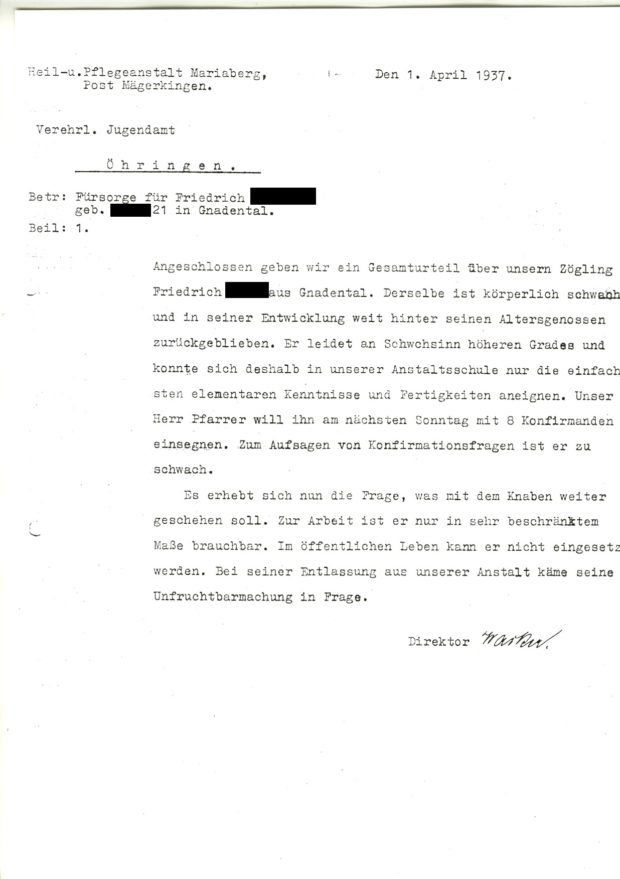 Brief des Mariaberger Anstaltsdirektors Wacker an das Jugendamt Öhringen Brief des Mariaberger Anstaltsdirektors Wacker an das Jugendamt Öhringen