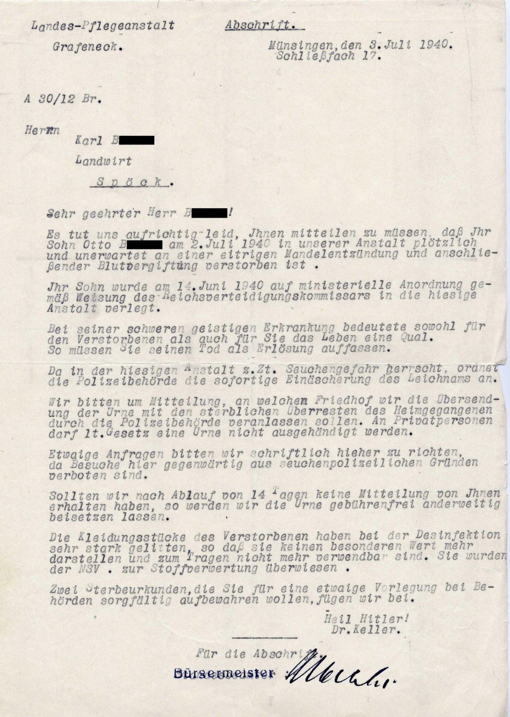 Ein sogenannter Trostbrief aus der Tötungsanstalt Grafeneck vom 3. Juli 1940 Ein sogenannter Trostbrief aus der Tötungsanstalt Grafeneck vom 3. Juli 1940