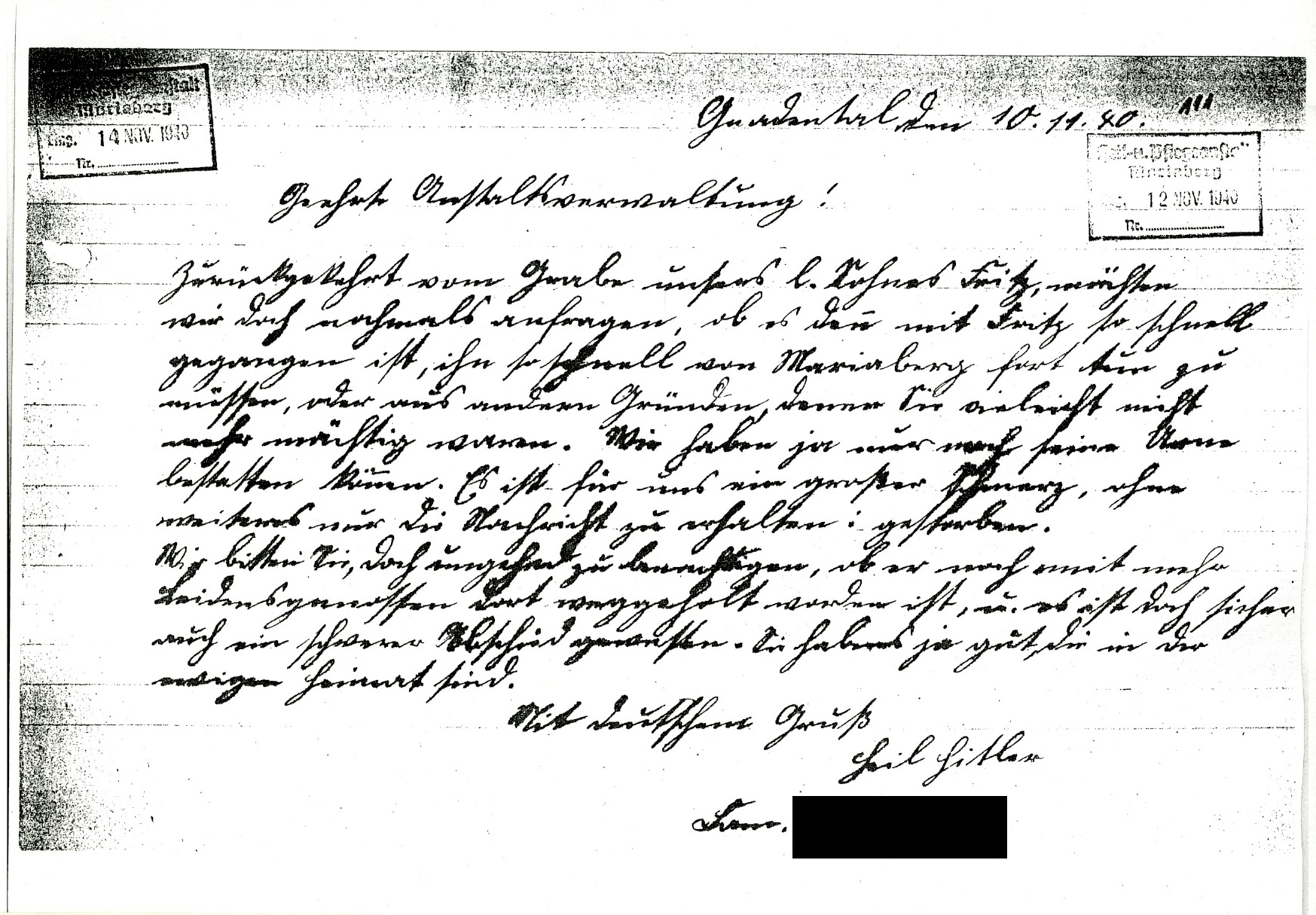 Brief von Friedrichs Vater Georg an die Heil- und Pflegeanstalt Mariaberg vom 10. November 1940 Brief von Friedrichs Vater Georg an die Heil- und Pflegeanstalt Mariaberg vom 10. November 1940