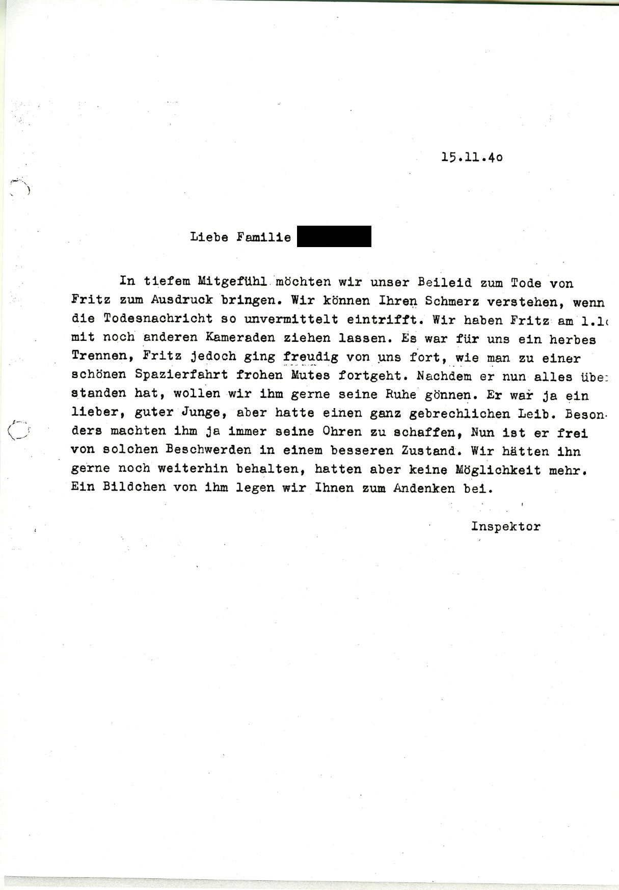 Antwortschreiben des Mariaberger Anstaltsdirektors Erich Kraft vom 15. November 1940 Antwortschreiben des Mariaberger Anstaltsdirektors Erich Kraft vom 15. November 1940