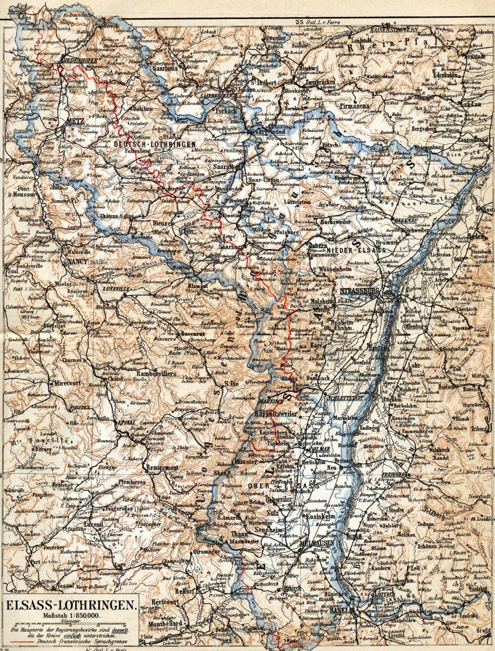 Karte des deutschen Verwaltungsgebiets Elsass-Lothringen von 1884