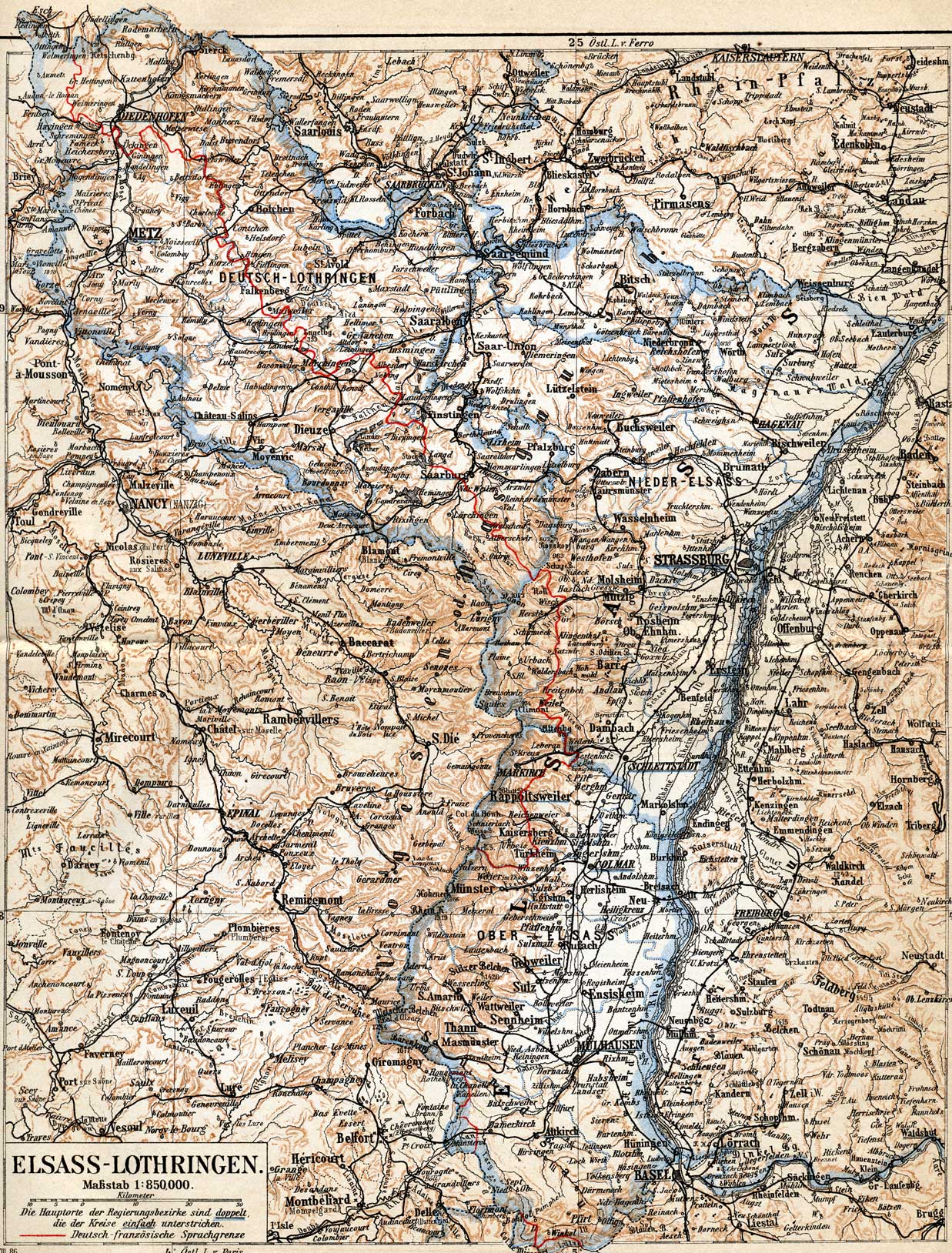 Karte des deutschen Verwaltungsgebiets Elsass-Lothringen von 1884 Karte des deutschen Verwaltungsgebiets Elsass-Lothringen von 1884