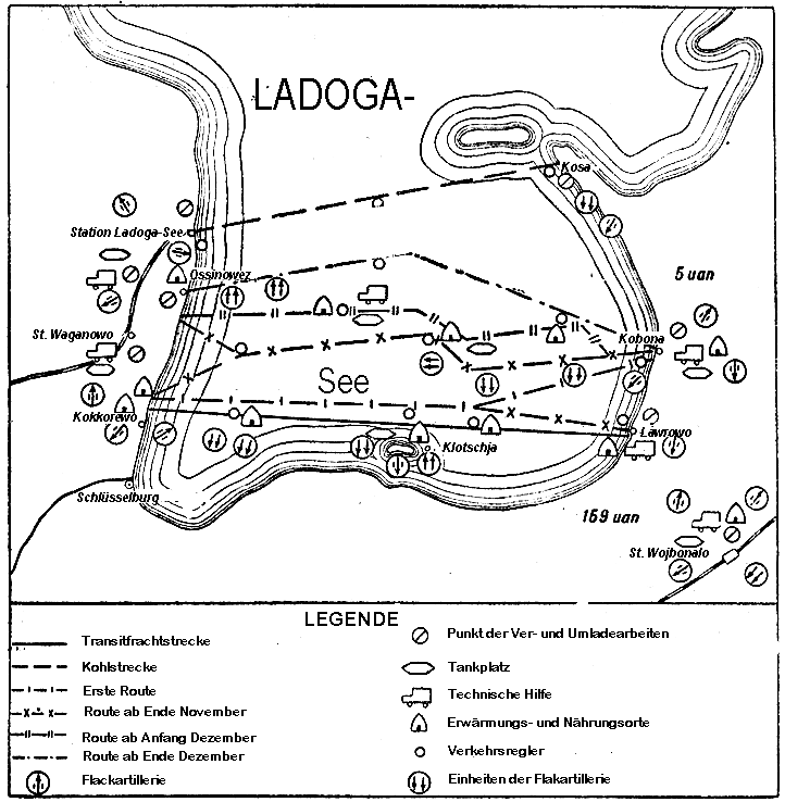 Der Rettungsweg verlief etwa 20 bis 25 km von dem Ufer entfernt, das von der Wehrmacht belagert wurde. Sie endete in Kobona (35 km), während der Seefahrtsaison auch in Nowaja Ladoga (135 km).