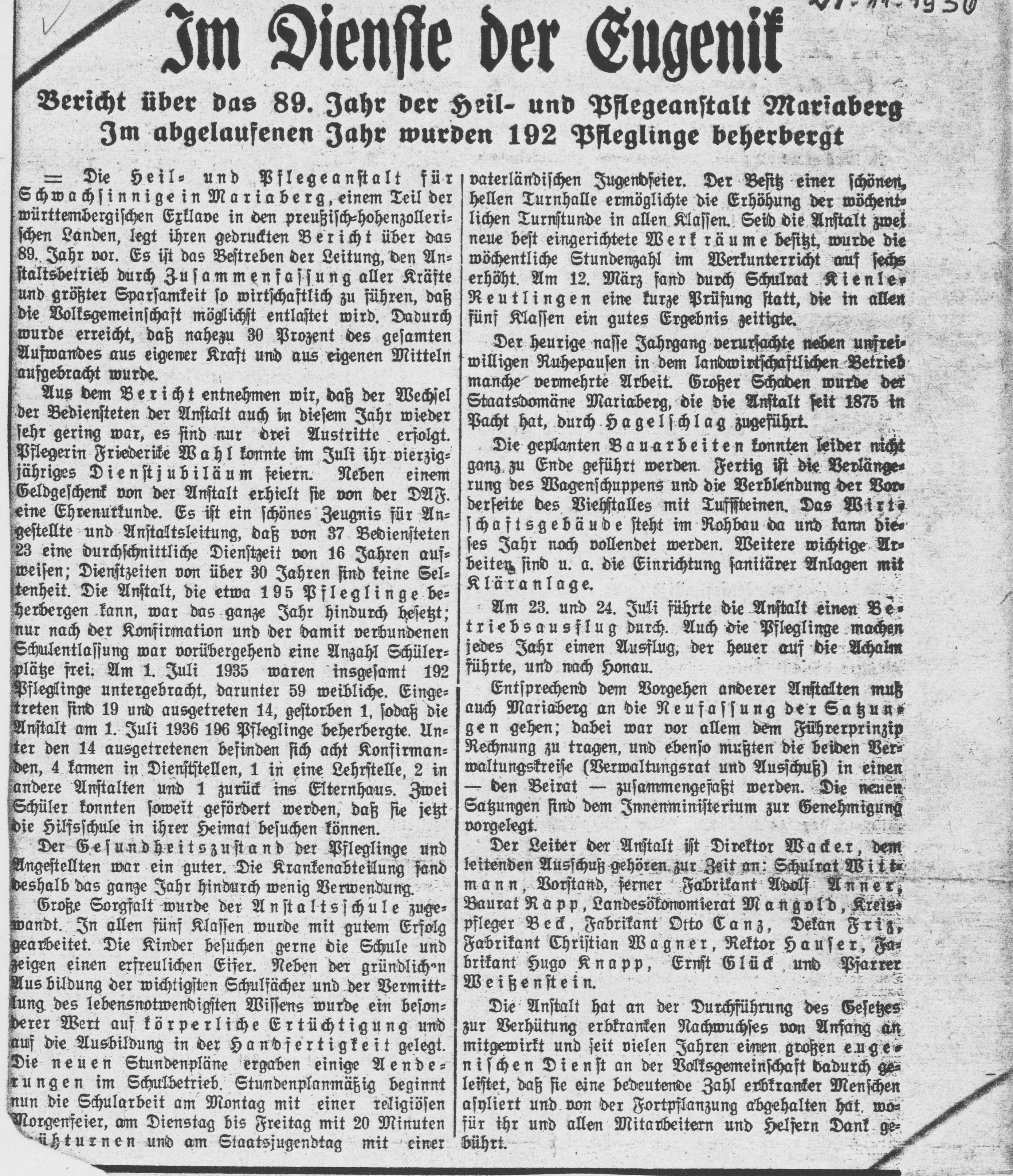 Zeitungsbericht über die Heil- und Pflegeanstalt Mariaberg vom 27. November 1936 Zeitungsbericht über die Heil- und Pflegeanstalt Mariaberg vom 27. November 1936