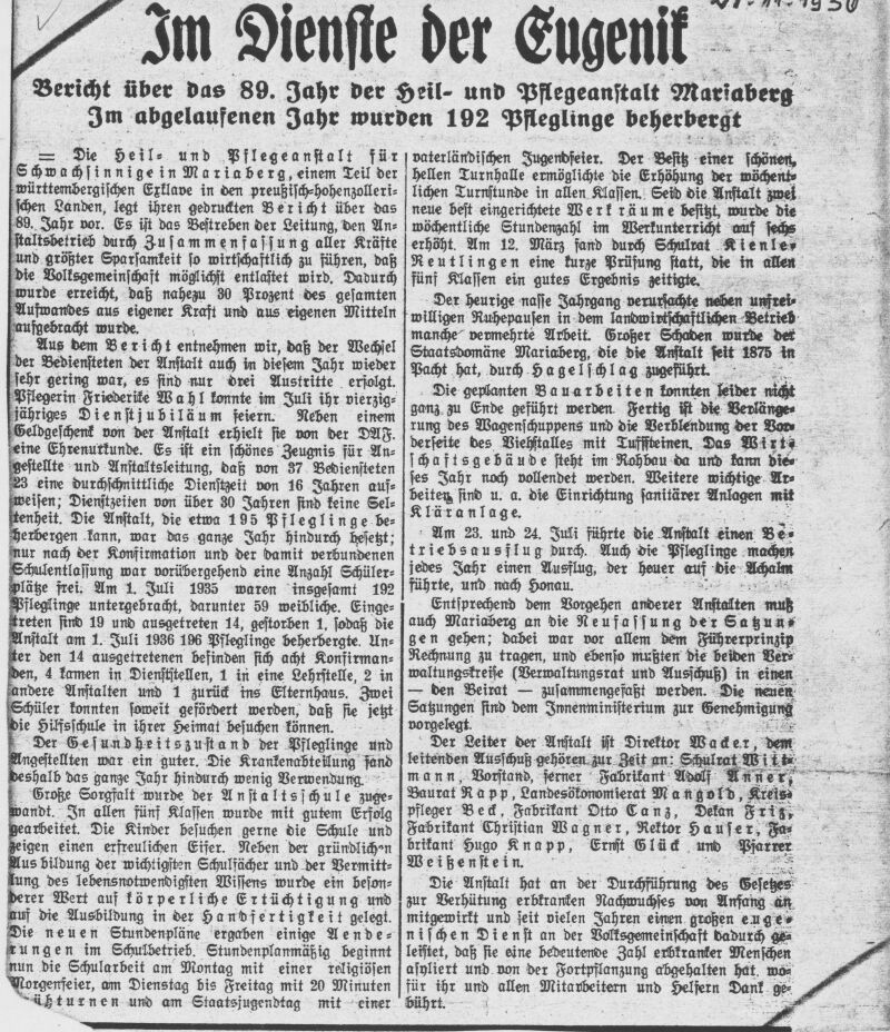 Zeitungsbericht über die Heil- und Pflegeanstalt Mariaberg vom 27. November 1936