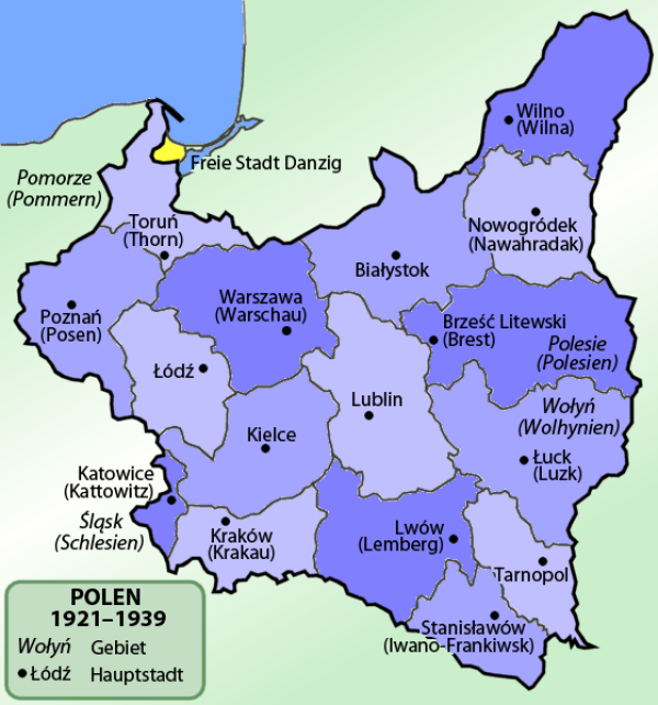 Karte von Polen in der Zwischenkriegszeit 1921–1939