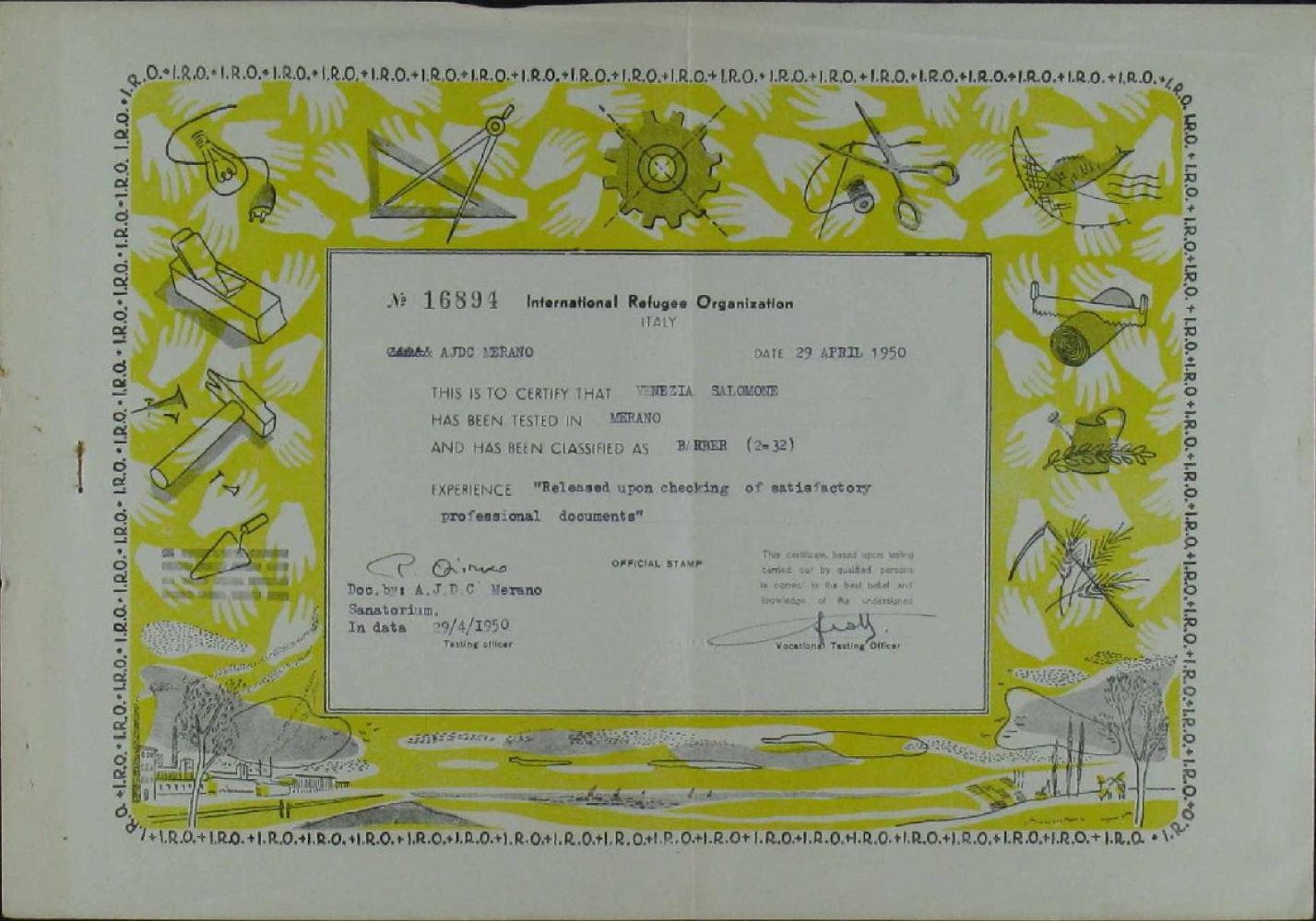 Arbeitsbescheinigung vom 29. April 1950