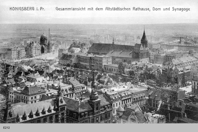 Blick vom Schlossturm auf die Königsberger Altstadt mit der Neuen Synagoge, dem Kneiphof und dem Dom aus dem 14. Jahrhundert.