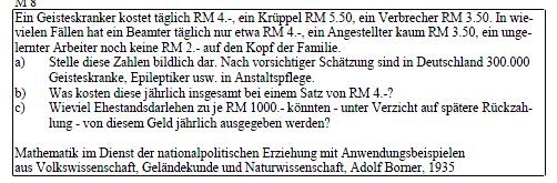 Rassistische Rechenaufgabe aus einem nationalsozialistischen Schulbuch, erschienen 1935 Rassistische Rechenaufgabe aus einem nationalsozialistischen Schulbuch, erschienen 1935