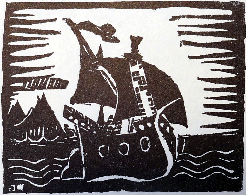 Linolschnitt eines Segelschiffes, von Petr Ginz