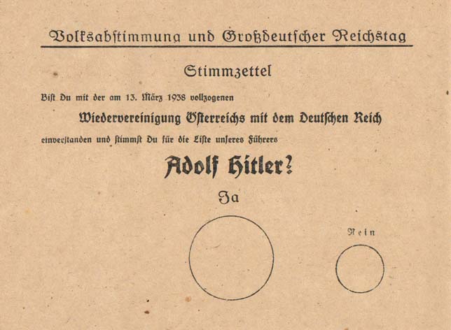 Stimmzettel als Einverständniserklärung zum »Anschluss« Österreichs