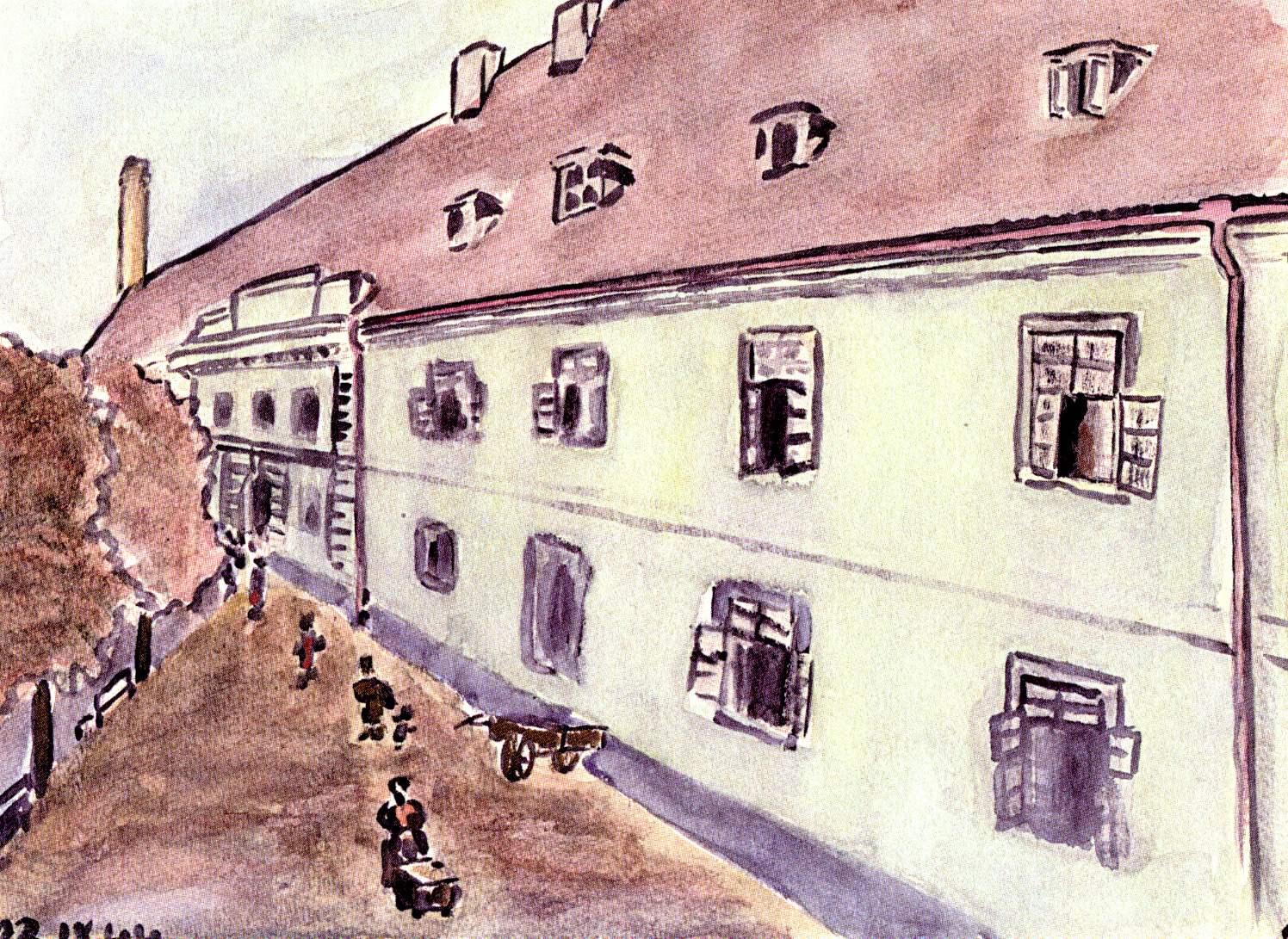 Aquarell einer Straße in Theresienstadt, von Petr Ginz