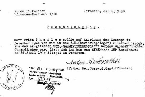 Dokument über die Richtigkeit von Fritz‘ Angaben