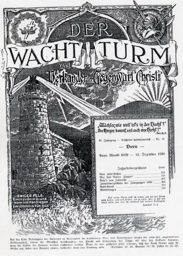 Titelseite der Zeitschrift Wachtturm aus dem Jahr 1930