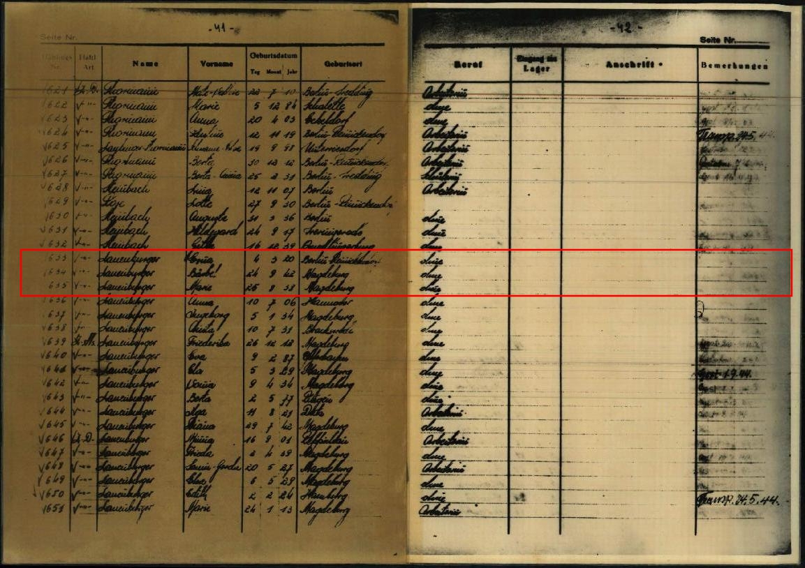 Seite aus dem Hauptbuch des »Zigeunerlagers« Seite aus dem Hauptbuch des »Zigeunerlagers«